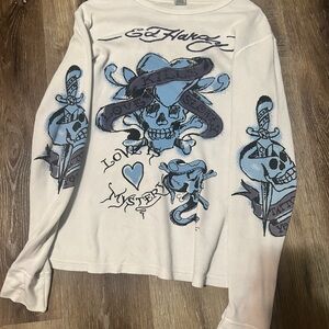 Ed Hardy Cream Long Sleeve with Blue and Black Skull Design